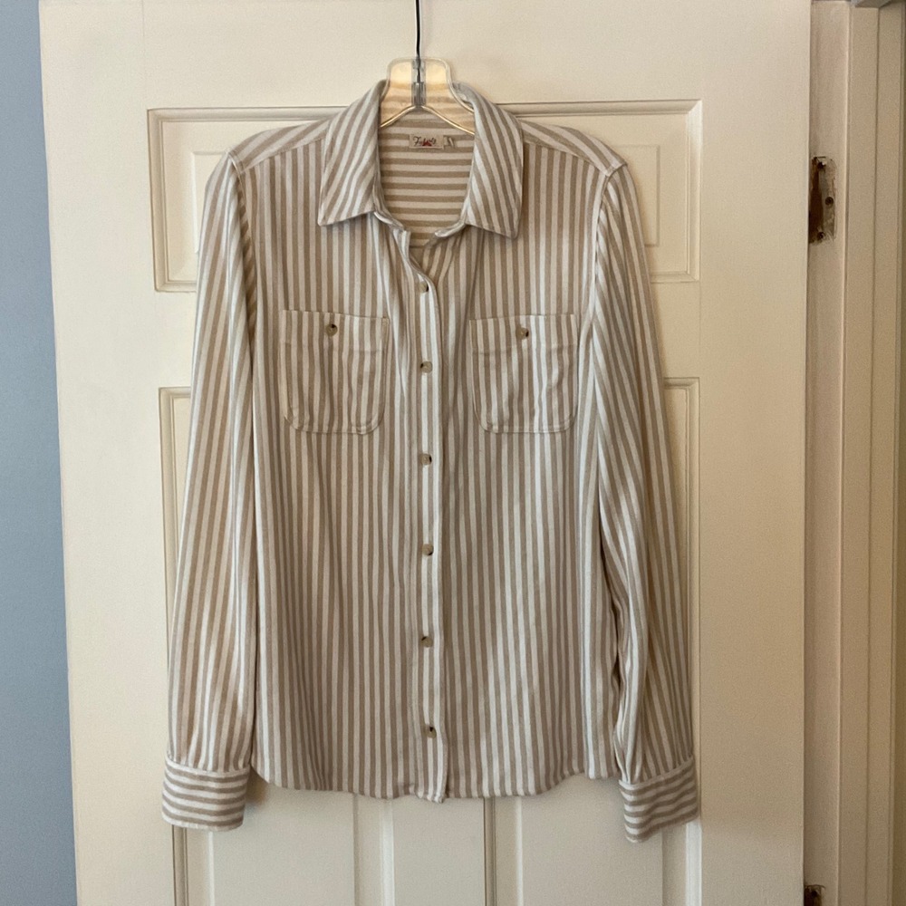 Faherty Legend Sweater Shirt Tannin Stripe Tan Cream Button Down Top Womens M - Picture 6 of 12
